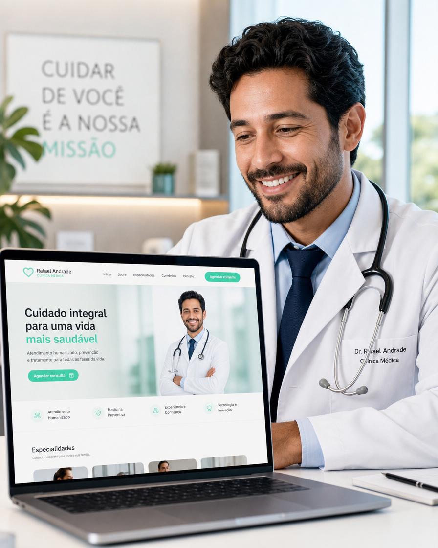 Médico satisfeito visualizando mockup de site clínico
